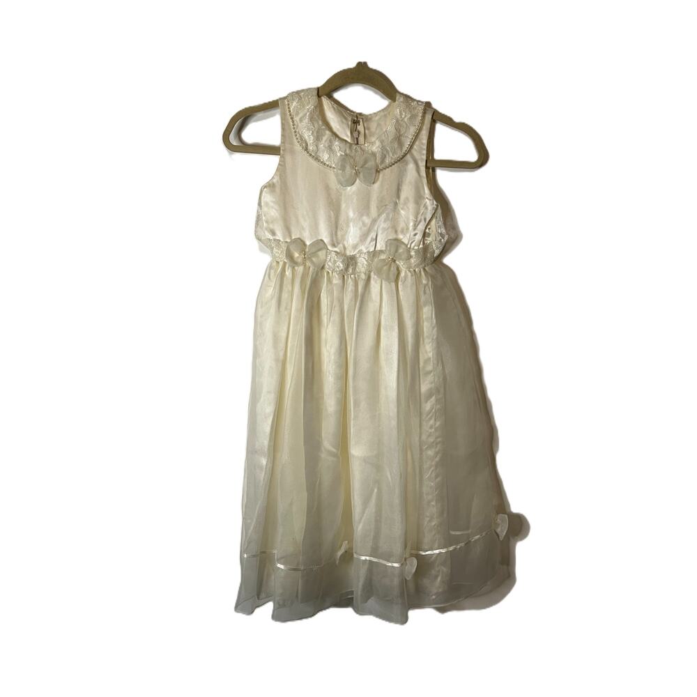 First Communion Dress Girls Size M White Lined Bows Peals Lace Satin Handmade